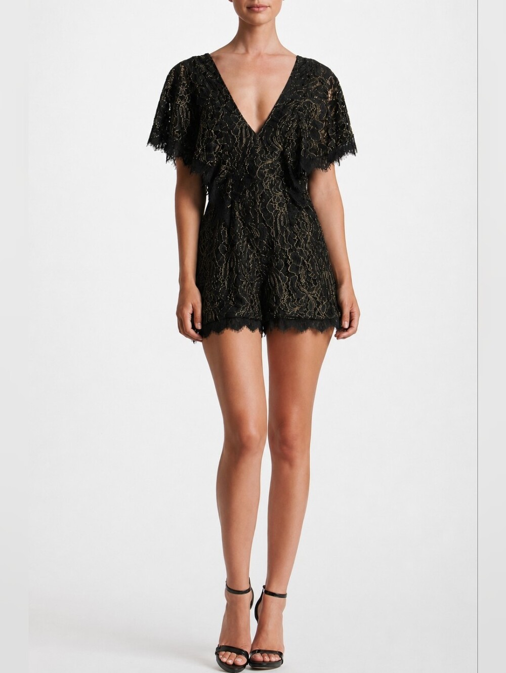 Dress The Population Raven Black Lace Romper Jumpsuit V-Neck Sz M Cocktail Glam